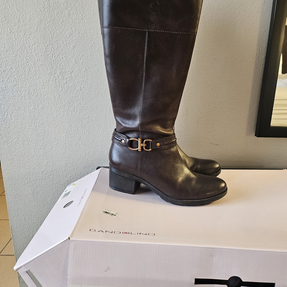 Bandolino Brown Leather Tall Riding Boots with Gold Buckle